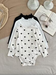 SHEIN LMoss Kids 3件套LMoss秋冬季卡其色爱心印花高领罗纹针织女婴连体衣，适合户外活动、婴儿派对、家庭聚会