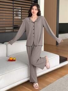 DAZY Simple Front Open Long Sleeve Pajama Set