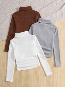 SHEIN Girlism Tween Girls Solid Color Turtleneck Long Sleeve Ribbed Casual T-Shirt 3 Piece/Set, Winter Clothes - Brown - View 15