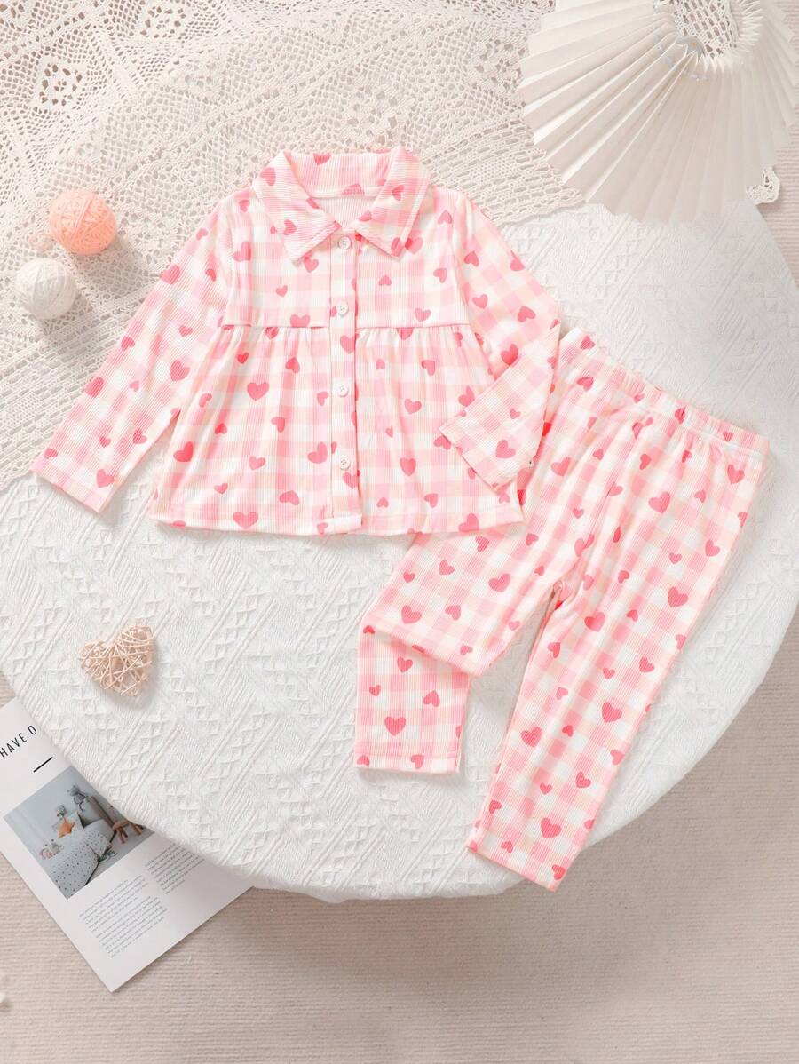 2pcs Baby Girls' Casual Cute Knit Checkerboard Heart Print Collared Cardigan Top And Allover Print Pants Homewear Set - Baby Pink - View 1
