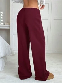 SHEIN EZwear 女士纯色前系带休闲毛绒衬里长裤 - 酒紅色 - 查看 2