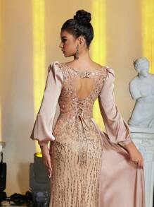 Glamrae Elegant & Luxurious Champagne Long Sleeve Satin Patchwork Embroidered Lace Sequin Mermaid Dress With Side Ruffles, Sexy Open Back With Tie, Suitable For Weddings, Parties, Galas, Formal Events (Heavily Embellished), Prom Evening Gown, For Wedding Guest, Graduation, Dinner, Party Dress - Champagne - View 4