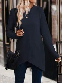 SHEIN LUNE Women's Solid Color Round Neck Long Sleeve Casual Loose T-Shirt, Autumn Fall Cloth For Women