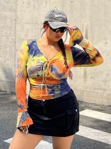 SHEIN EZwear Plus Size Tie Dye Casual Pleated Flared Sleeve Knit T-Shirt, Early Autumn - Orange - View 5