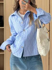 SHEIN EZwear 女士条纹长袖单排扣休闲宽松夹克，冬季 - 藍色 - 查看 1