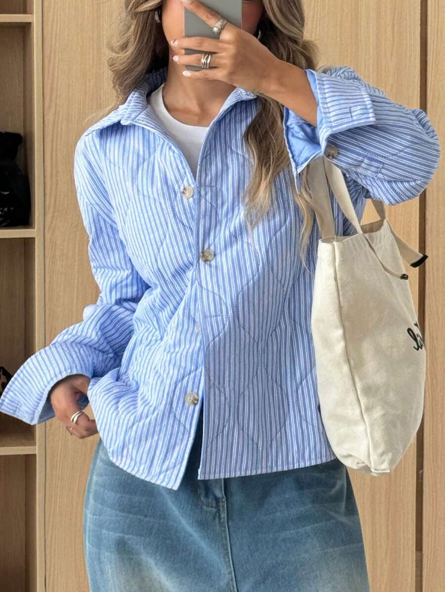 SHEIN EZwear 女士条纹长袖单排扣休闲宽松夹克，冬季 - 藍色 - 查看 1