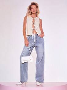 MUSERA Tie Front Sleeveless Sequin Tank Top Vacation Spring Summer Ibiza Festival - Apricot - View 4