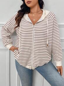 Calvaya Women Plus Size Striped Raglan Long Sleeve Drawstring Hooded Casual Sweatshirt, Autumn - Apricot - View 6