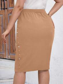 SHEIN Clasi Váy chữ A thường ngày trang trí ngọc trai giả màu trơn cỡ lớn - Màu Khaki - Xem 2