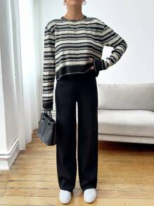 EURMUSE Women Casual Striped Black And White Batwing Loose Pullover Sweater And Relaxed Straight Knit Pants Set - Black and White - View 5