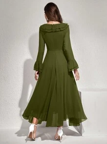 Modelyn 女士优雅纯色喇叭袖荷叶边下摆长裙，秋季长款女士服装长款晚礼服女秋季服装 - 橄欖綠 - 查看 2