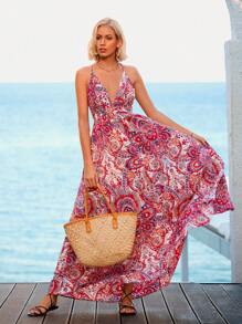 Vivid Eden Paisley Print Criss Cross Backless Cami Dress,Summer Clothing,Vacation Style,For Beach Vacation