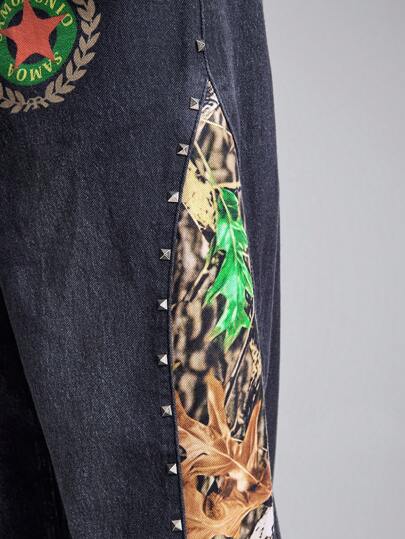 Street Life Jeans en denim décontracté et polyvalent, avec imprimé graphique et poches de patchwork pour hommes