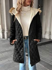 SHEIN Clasi 女式拉链连帽蓬松泰迪熊衬里加厚羽绒大衣（秋冬款） - 黑色 - 查看 5