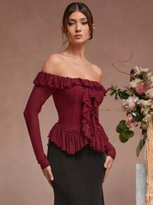 L'Amorae Blusa elegante de manga larga con hombros descubiertos y volantes de unicolor, para otoño - Burdeos - Ver 3