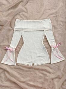 Soleia 1pc Casual Off Shoulder Flared Sleeve Belted Romper With Textured Fabric - Beige - View 6