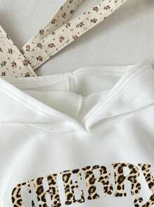 SHEIN Leap Crew 少女休闲简约豹纹樱桃图案白色长袖连帽抓绒卫衣，印有英文字母 CHERRY，舒适柔软，适合秋冬季节穿着，女童服装 - 白色 - 查看 3