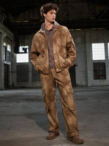 Mainfolk 2 件套男士时尚休闲年轻牛仔效果宽松长袖夹克和直筒裤套装，适合秋冬 - 卡其色 - 查看 6