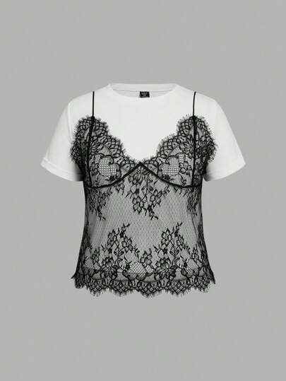 SHEIN MOD Camiseta corta de manga corta de talla grande de 2 en 1 con cuello redondo y contraste de encaje, para el verano