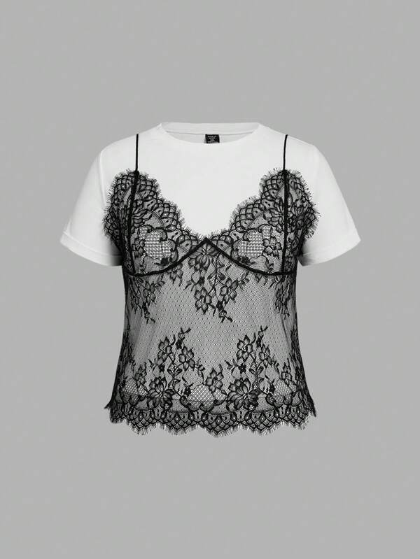 SHEIN MOD Plus Size White 2 In 1 Lace Contrast Round Neck Short T-Shirt, For Summer