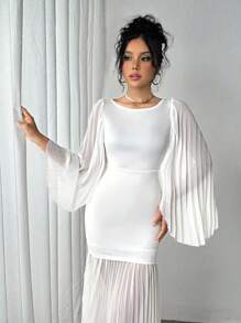 SHEIN Unity Women's Solid Color Mesh Splice Round Neck Simplistic Casual Long Dress - White - View 4