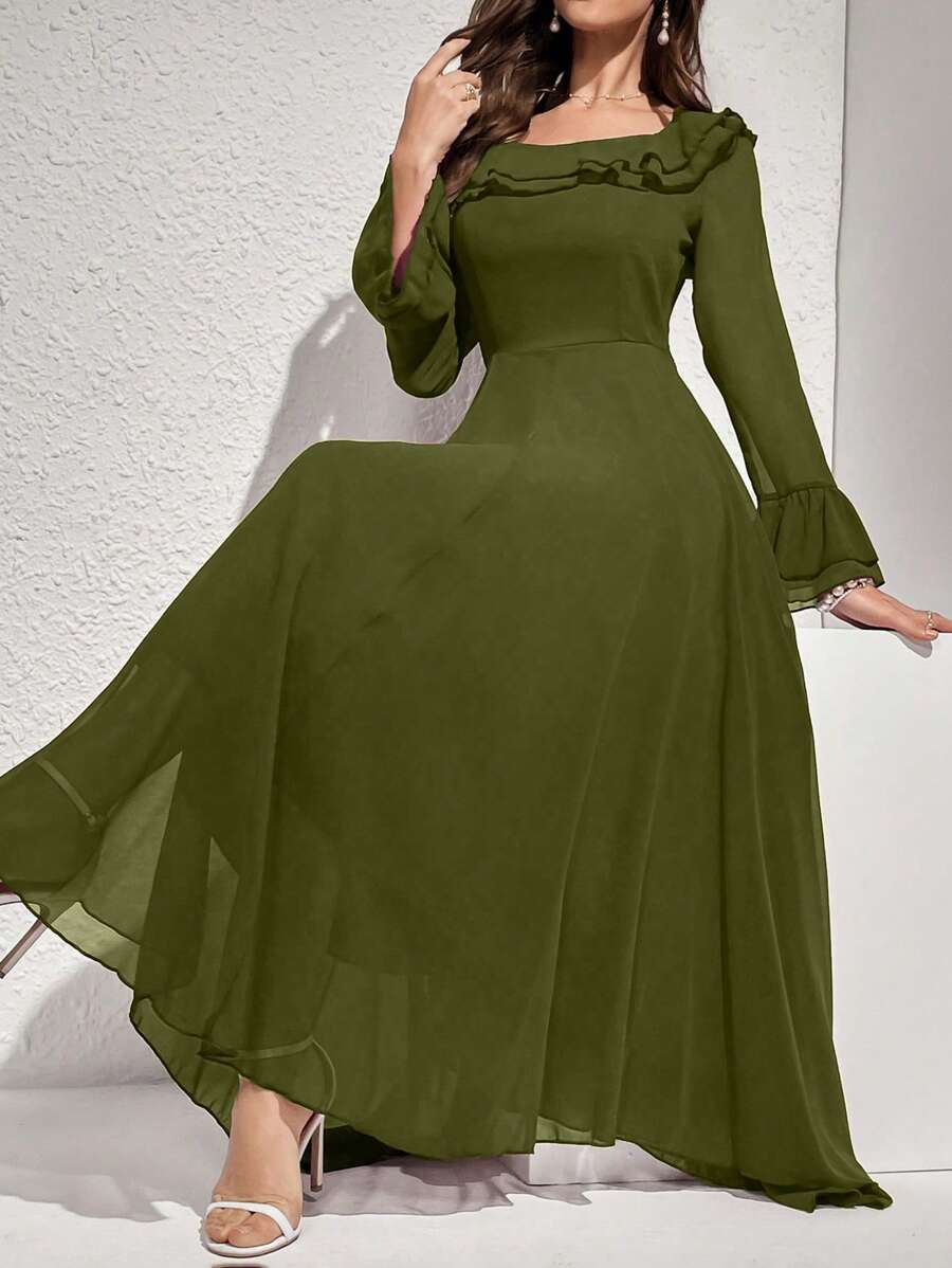 Modelyn 女士优雅纯色喇叭袖荷叶边下摆长裙,秋季长款女士服装长款晚礼服女秋季服装 - 橄欖綠 - 查看 1