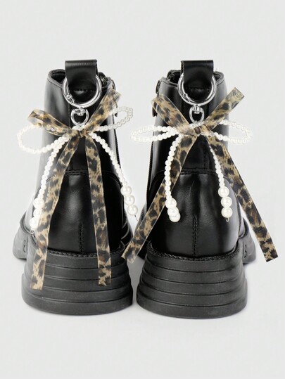 Kawaii 2pcs INS Korean Style Cute & Minimalist Delicate Pearl & Leopard Print Lace Bow Shoe Decoration, Suitable For Women & Girls Everyday Wear, Holiday Gift