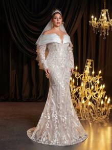 Glamrae 大码优雅奢华白色对比蕾丝细节透明长袖新娘礼服搭配经典法式蕾丝紧身胸衣和长拖尾 - 白色 - 查看 6