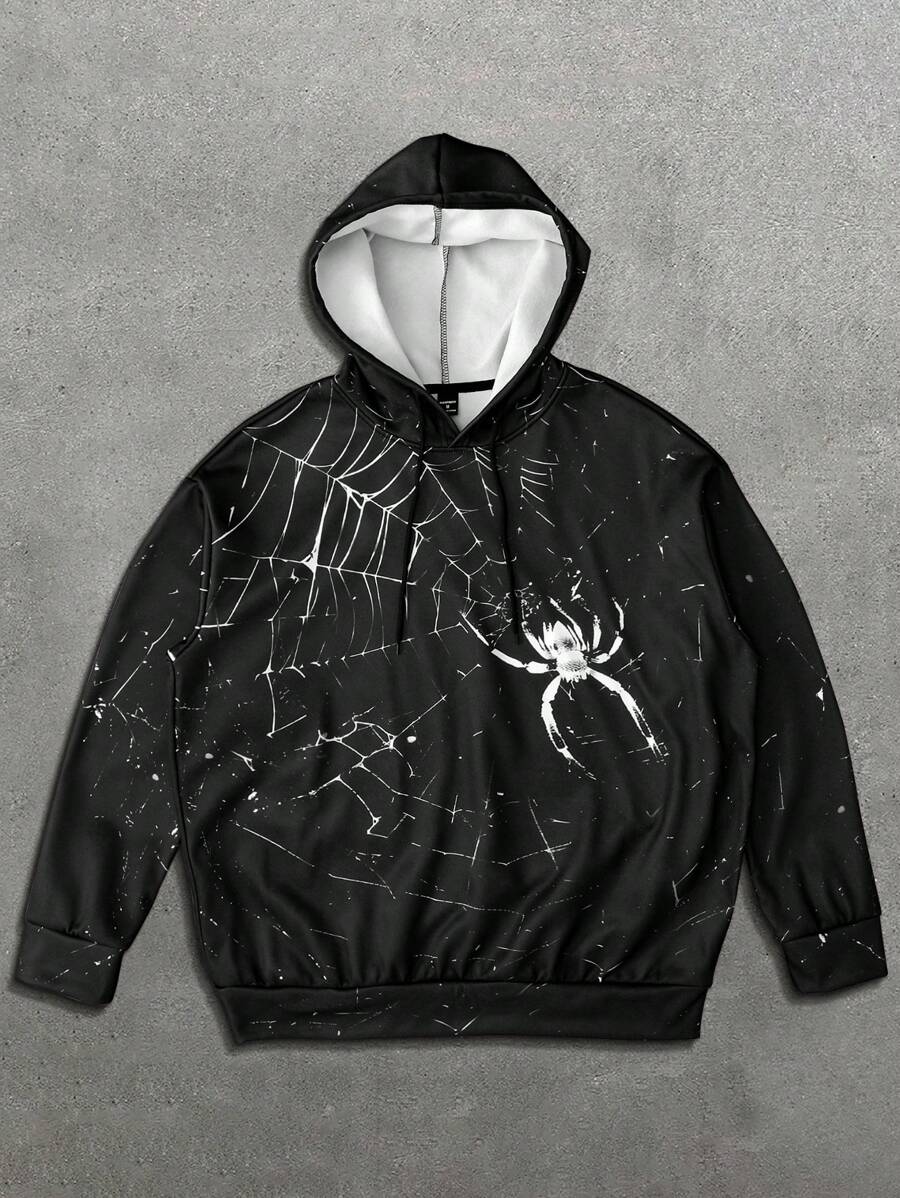 Manfinity EMRG Men Spider Pattern Zip-Up Hooded Sweatshirt, Stylish For Autumn - Black - View 1