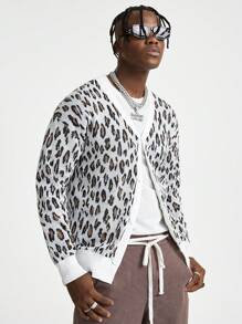 Manfinity RebelGame Herren weit geschnittener Leoprint V-Ausschnitt Langarm Strickjacke, Lose sitzende, schulterfreie dicke Strickjacke für Ausgang im Herbst/Winter, für Ehemann, Freund als Geschenk