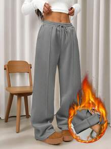 SHEIN EZwear Pebble Seam Detail Straight Leg Sweatpants Graduation,Back To School Outfits,Graduation,Teacher Outfits For Women,Back To School - Light Grey - View 7