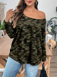 SHEIN Essnce Áo thun dài tay in họa tiết rằn ri thoải mái, rộng rãi, dáng rộng cho nữ, cỡ lớn, mùa xuân/thu - Nhiều màu - Xem 1