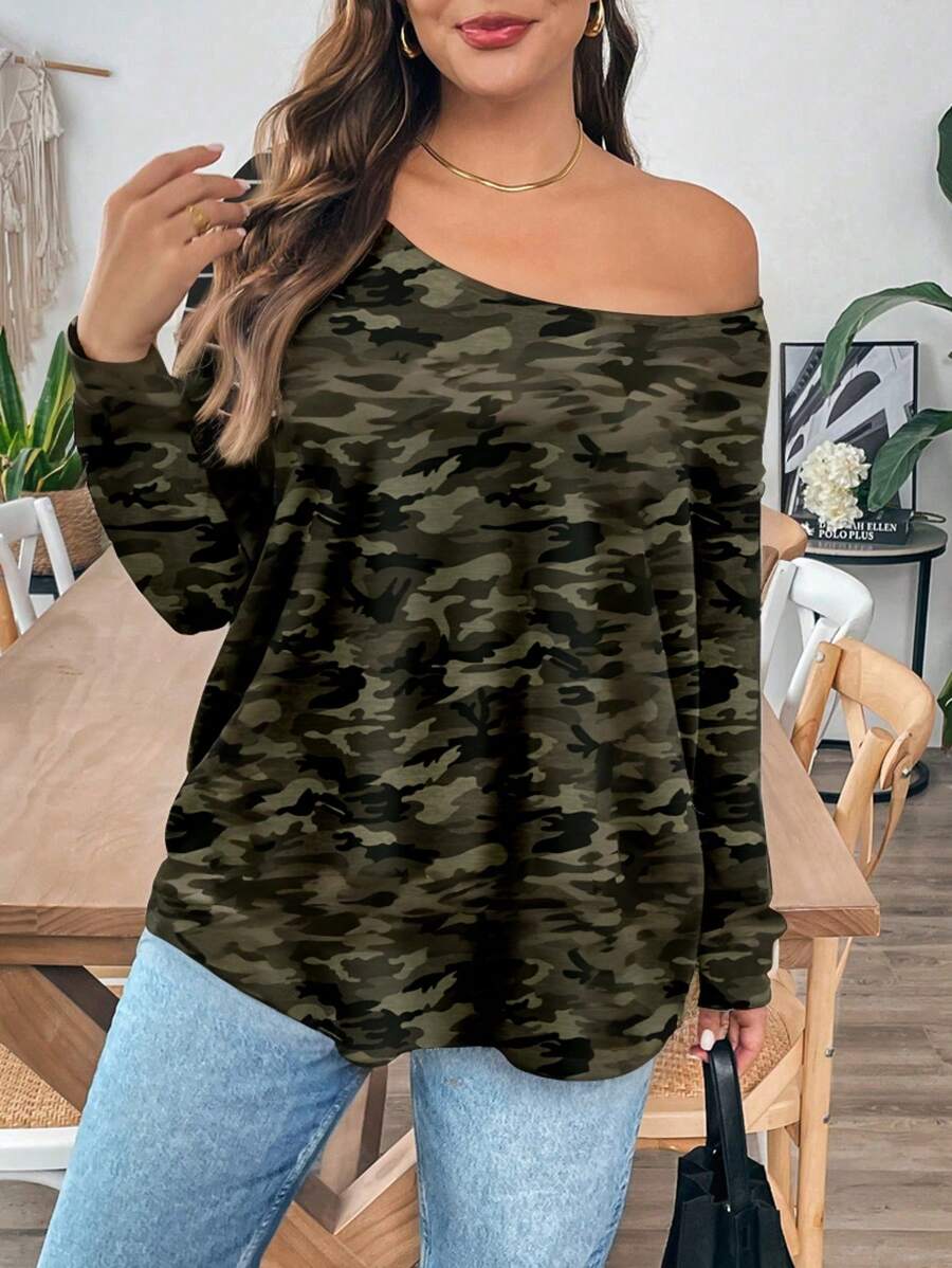 SHEIN Essnce Áo thun dài tay in họa tiết rằn ri thoải mái, rộng rãi, dáng rộng cho nữ, cỡ lớn, mùa xuân/thu - Nhiều màu - Xem 1