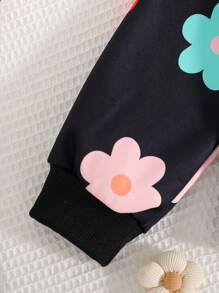 2pcs/Set Tween Girl Digital Floral Print Sweatshirt & Embroidered Detachable Flower Denim Jeans - Black - View 3