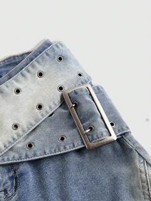 ROMWE Grunge Punk 垃圾摇滚 Y2K 风格低腰宽腰带紧身高弹力喇叭牛仔裤 - 藍色 - 查看 3