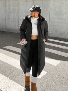 SHEIN EZwear 大码女式冬季纯色长袖拉链连帽休闲棉服外套 - 黑色 - 查看 4