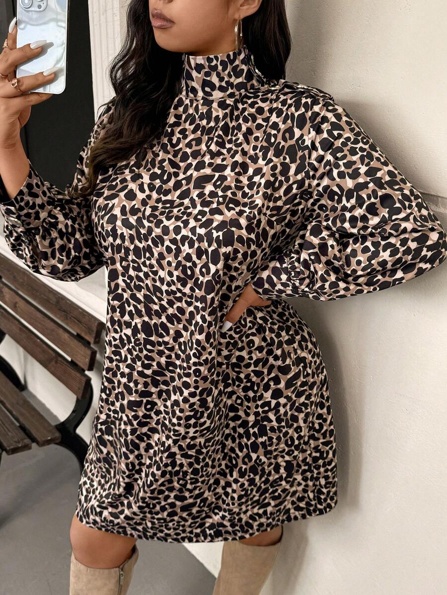 SHEIN Frenchy Plus Size Autumn Fashion Leopard Print Turtleneck Straight Long Sleeve Dress - Multicolor - View 1