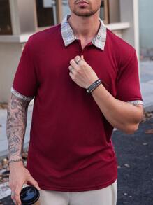 Manfinity VCAY Men's Slim Fit Rib Knit Contrast Plaid Patchwork Short Sleeve Polo Shirt