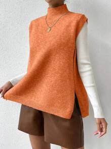 Chiquease 女士立领侧开衩下摆休闲针织毛衣背心，秋冬 - 橘色 - 查看 5