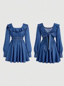 SHEIN MOD Váy denim dài tay đơn sắc viền bèo nhún cho nữ - Màu xanh lam - Xem 1