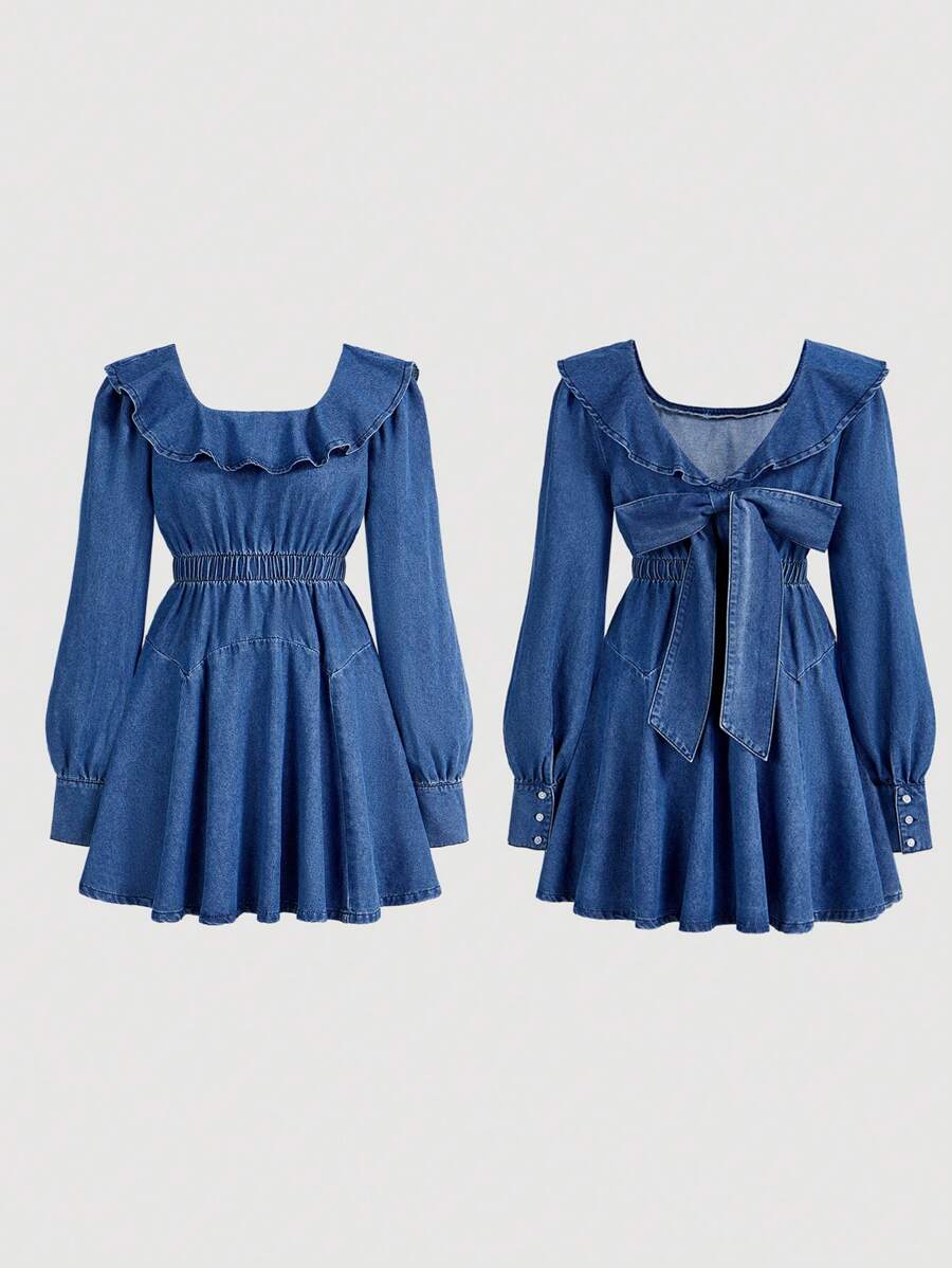 SHEIN MOD Váy denim dài tay đơn sắc viền bèo nhún cho nữ - Màu xanh lam - Xem 1