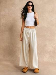 Poéselle 打结腰部阔腿裤 夏季度假长裤 - 米色 - 查看 4