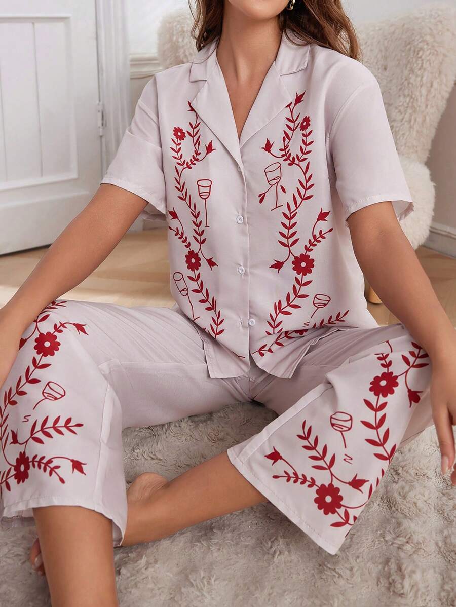 Printed Turndown Collar Single Breasted Loose Short Sleeve Pants Ladies Pajama Set - Apricot - View 1