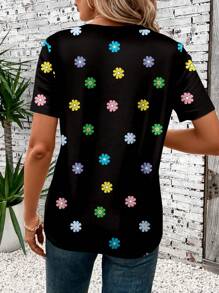 SHEIN LUNE 可爱彩色花卉印花圆领短袖 T 恤，休闲夏秋季 - 黑色 - 查看 2