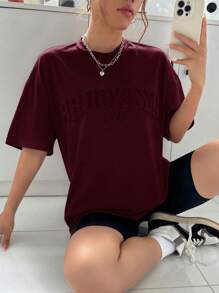 SHEIN EZwear 夏季上衣 粉色纯色字母压花落肩 T 恤