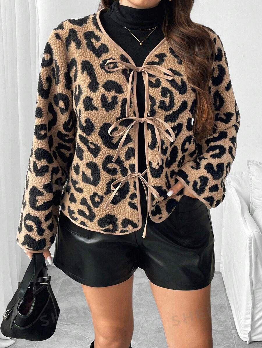 Franclia Chaqueta holgada de talla grande para mujer con estampado de leopardo, contraste de PU, lazo y cinturón, informal para otoño/invierno