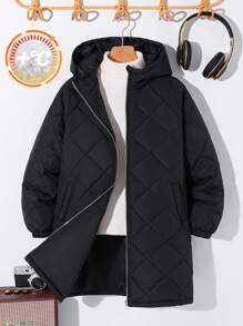 SHEIN Leap Crew Tween Boy 休闲长款厚夹克，适合通勤、上学、日常休闲装、运动、秋冬季 - 黑色 - 查看 1