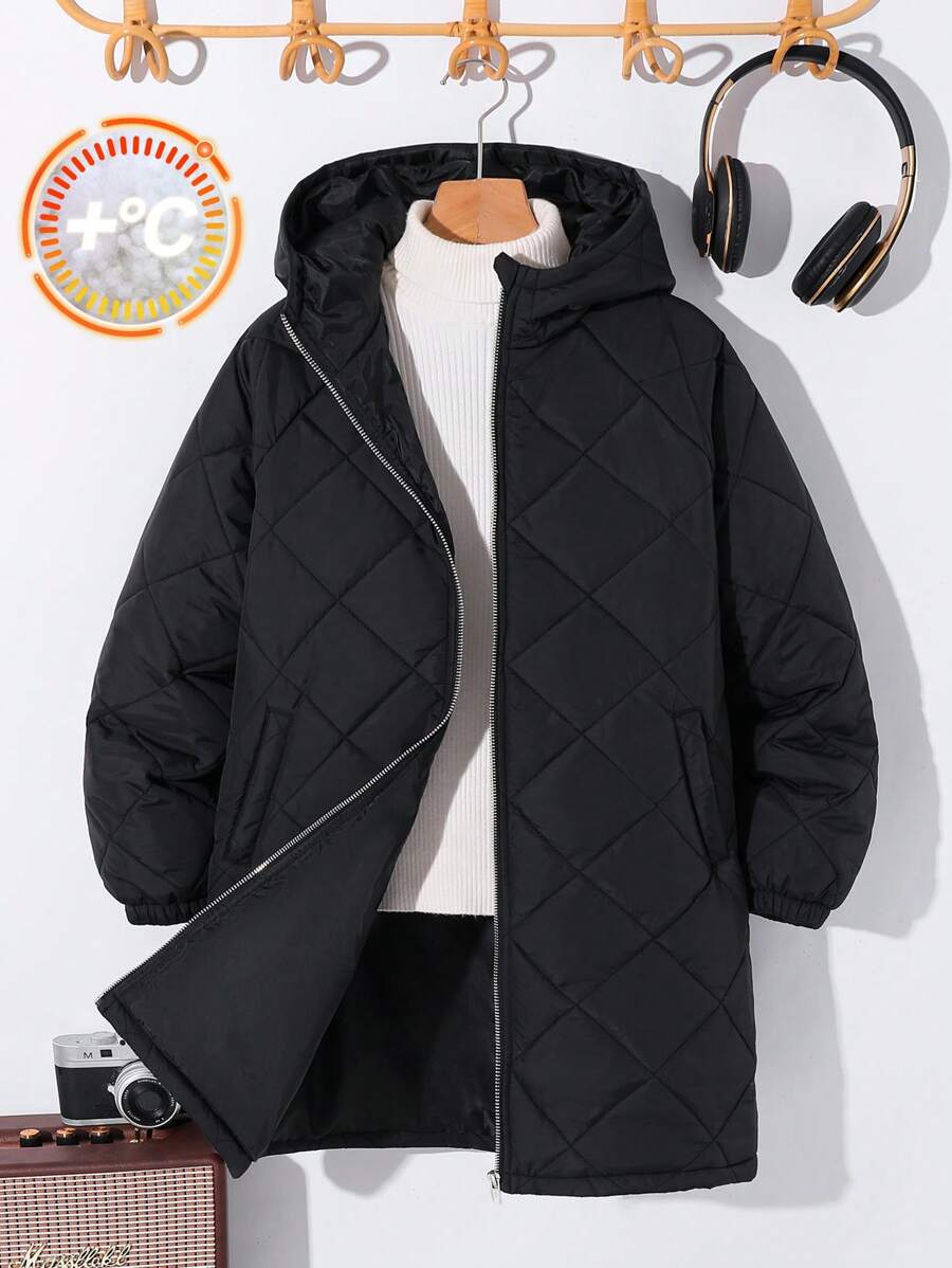 SHEIN Leap Crew Tween Boy 休闲长款厚夹克，适合通勤、上学、日常休闲装、运动、秋冬季 - 黑色 - 查看 1