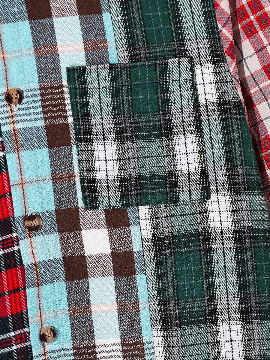 Tween Boy Casual Plaid Splice Oversized Long Sleeve Shirt, Suitable For