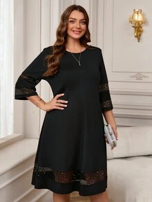 Miaspire 大码女式圆领七分袖撞色网纱宽松黑色优雅连衣裙，冬季连衣裙 - 黑色 - 查看 6